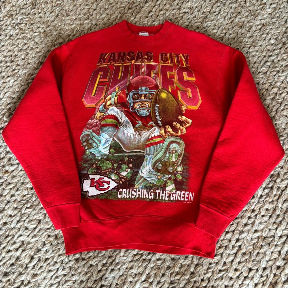VINTAGE 1994 SALEM CRUSHING GREEN AOP HEAVY KC CHIEFS SWEATSHIRT - RED